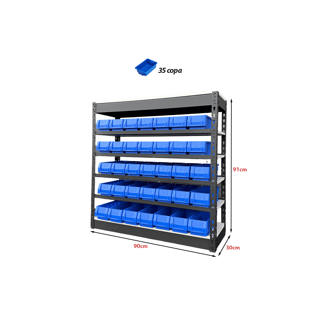 Metal Shelving Unit with 35 Plastic Storage Bins – Boltless Assembly (90x91x30 cm)